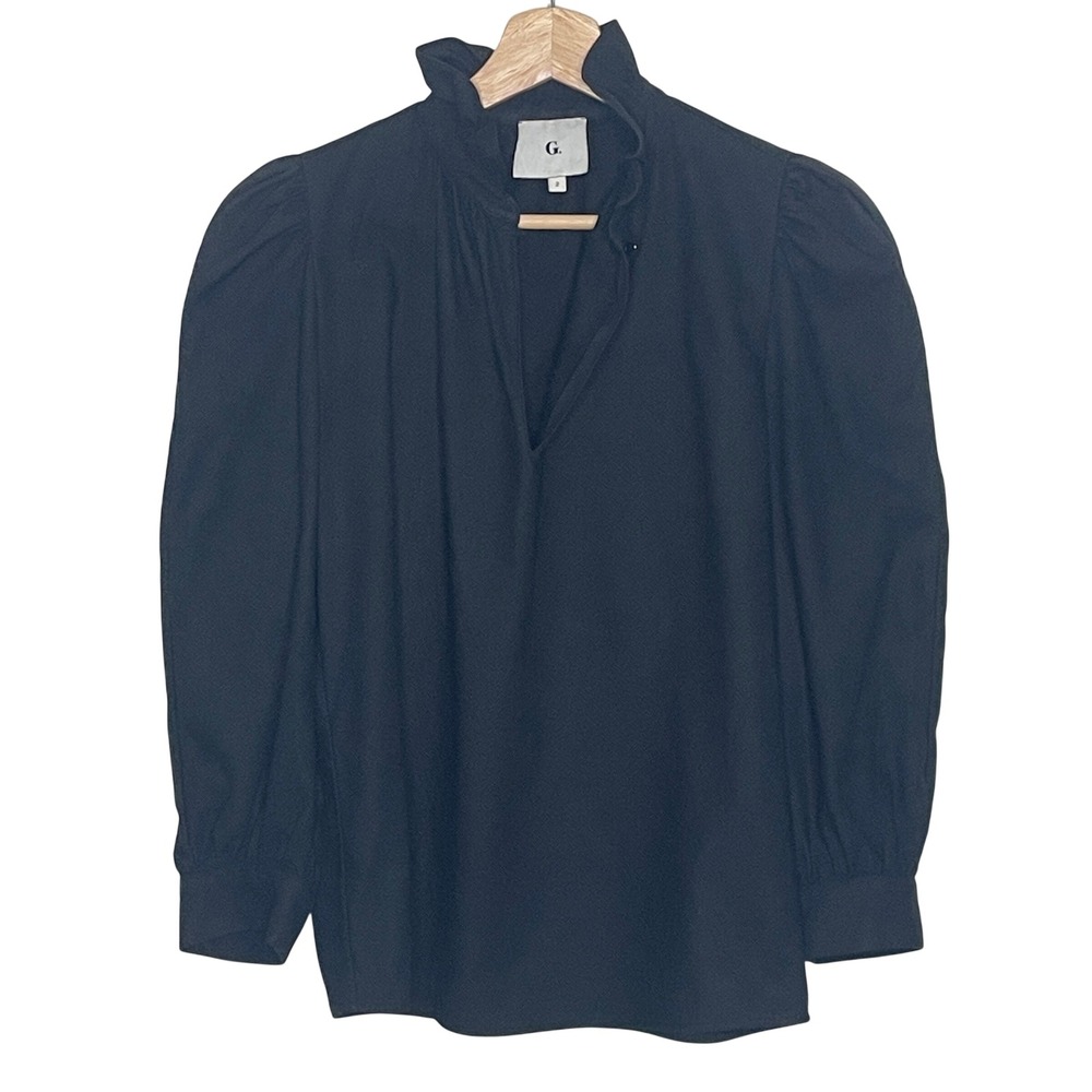 G. Label by Goop Black Ruffle Neck Puff Sleeve Cotton Blouse  Size 2